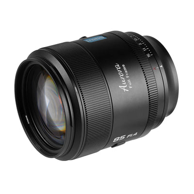 Sirui Aurora 85mm f/1.4 full-frame portrait lens, angled view of the front element