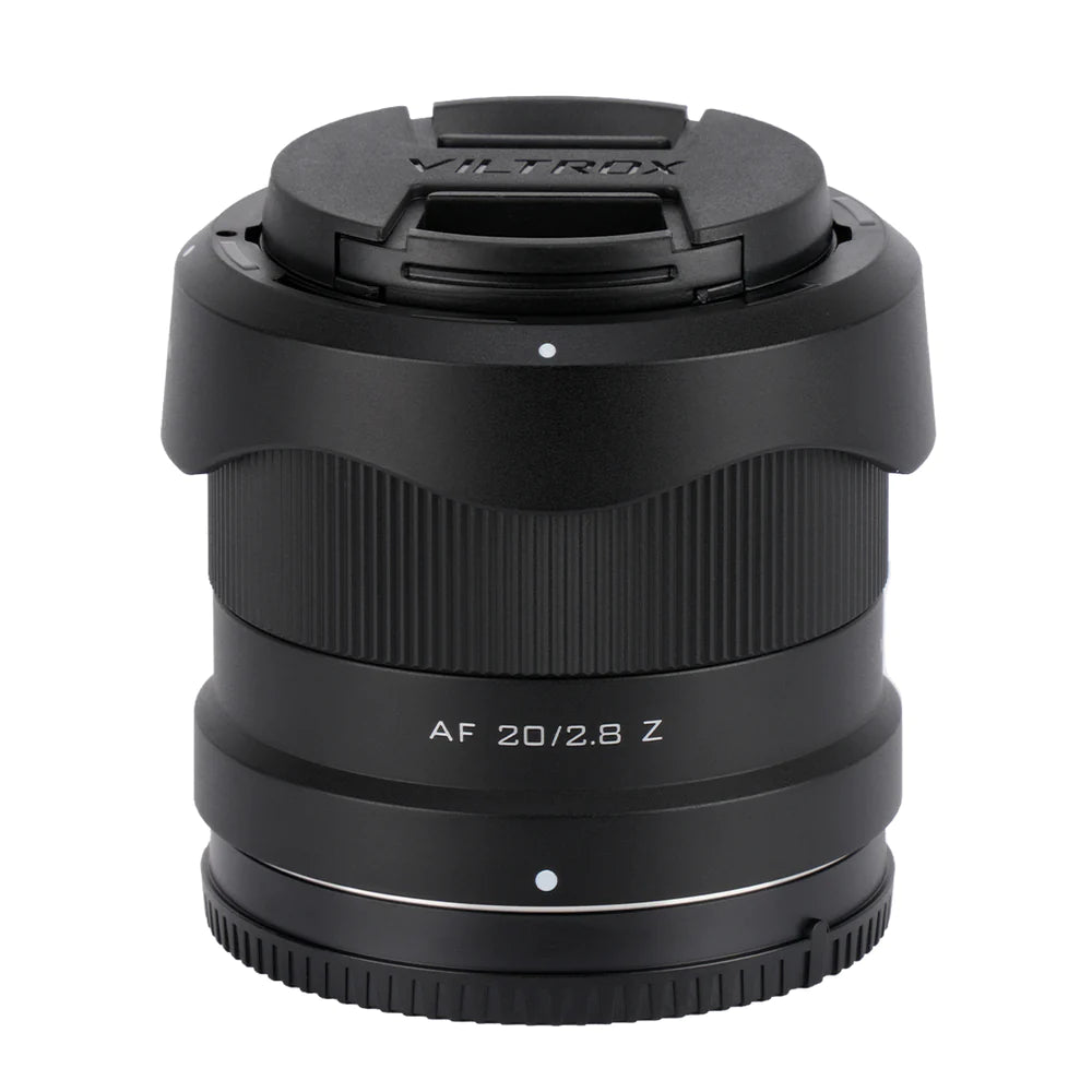 Viltrox AF 20mm f/2.8 Z with petal hood and front cap fitted