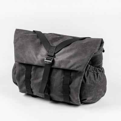Wotancraft Pilot 10L messenger camera bag in charcoal black waxed canvas, front view