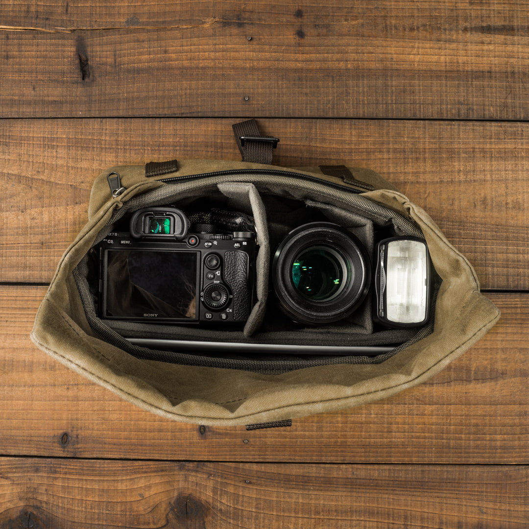 Wotancraft Pilot 7L padded insert holding a Sony mirrorless camera, lens and flash