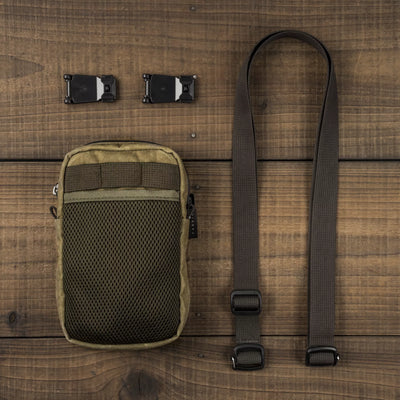 Wotancraft Armor 9 khaki pouch laid out with strap and two clip mounts
