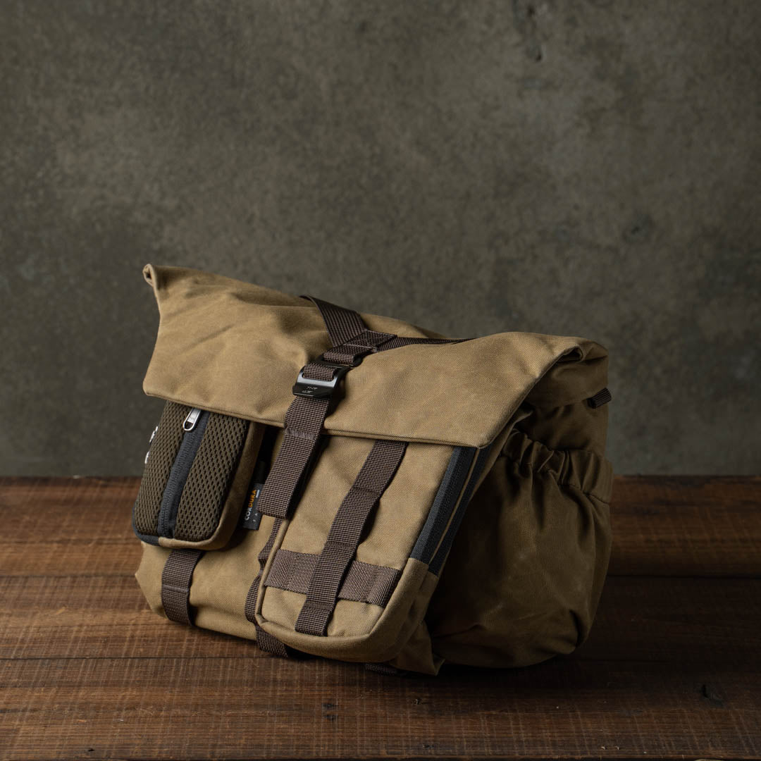 Wotancraft khaki messenger bag with Armor pouches attached
