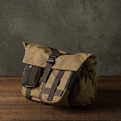 Wotancraft khaki messenger bag with Armor pouches attached