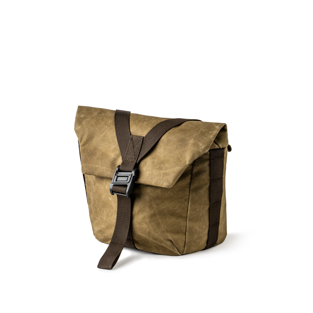Wotancraft Pilot 3.5L camera bag in khaki waxed canvas, front view
