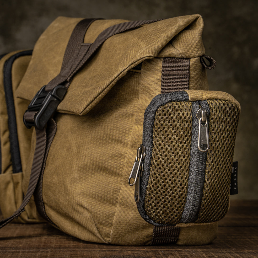 Wotancraft Pilot khaki bag side mesh pocket close-up
