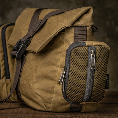 Wotancraft Pilot khaki bag side mesh pocket close-up