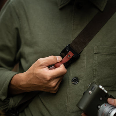 Wotancraft strap red leather quick-release pull in use