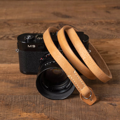 Wotancraft full leather neck strap in tan, on a black Leica M9