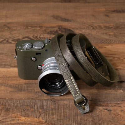 Wotancraft full leather neck strap in olive green, on an olive Leica M