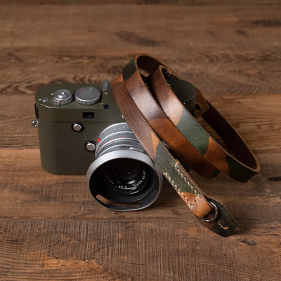 Wotancraft full leather neck strap in camouflage, on an olive Leica M
