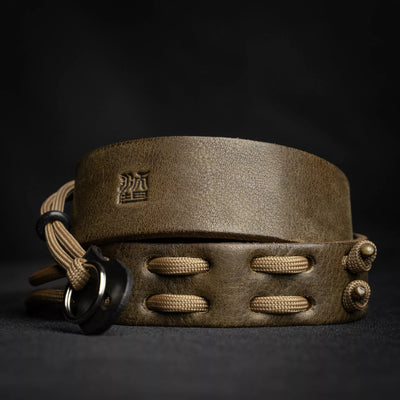 Wotancraft Parashooter Style 7 olive leather camera strap with paracord, coiled