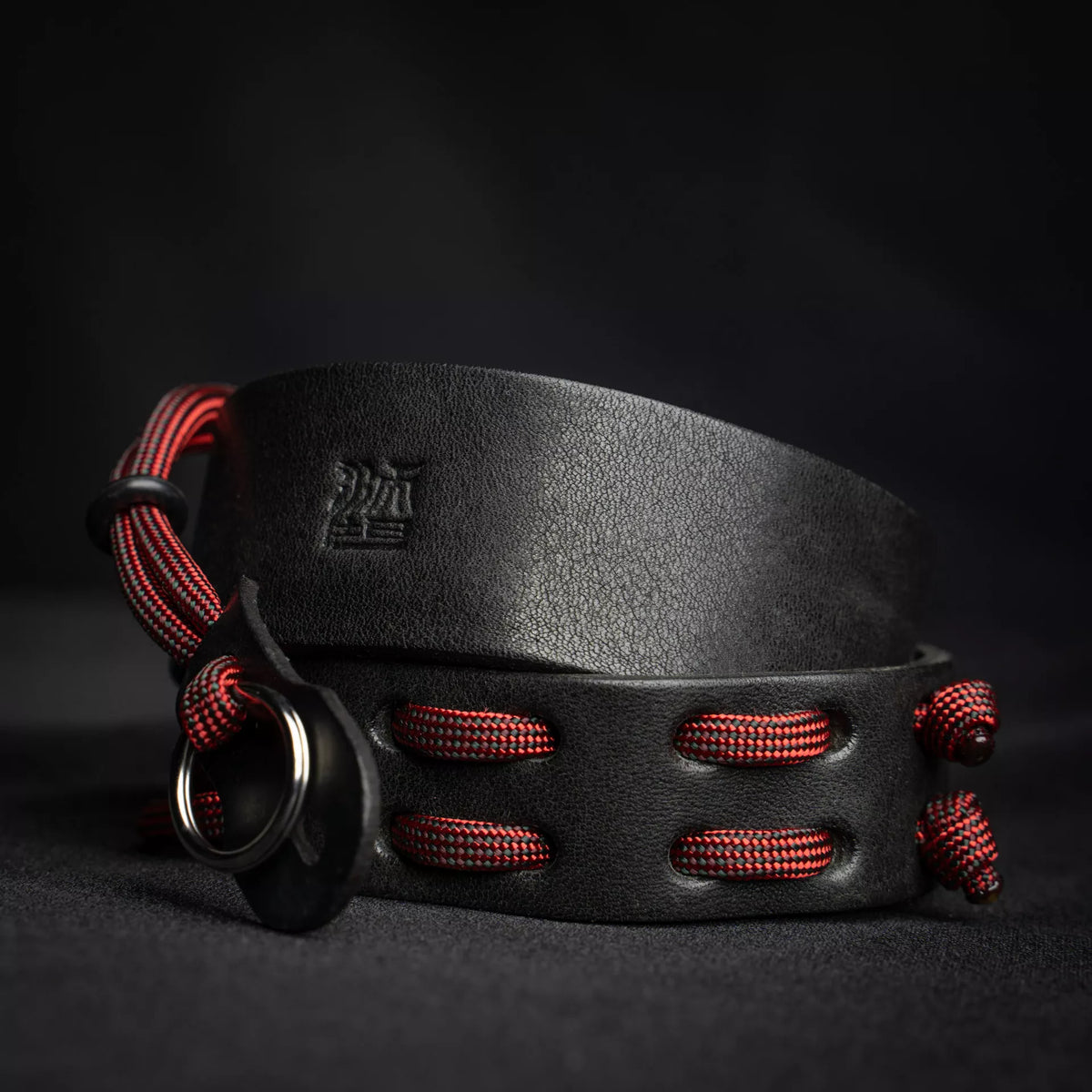 Wotancraft Parashooter Style 11 black leather camera strap with red paracord, coiled