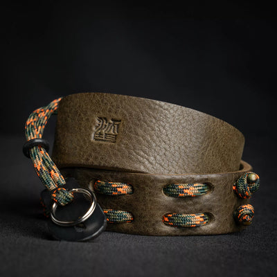 Wotancraft Parashooter Style 8 olive leather camera strap with camo paracord, coiled