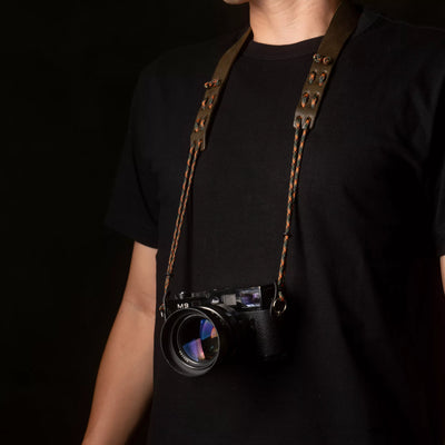 Person wearing a Leica M9 on the Wotancraft Parashooter Style 8 strap