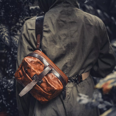 Wotancraft Mini Rider brown leather sling worn on the back