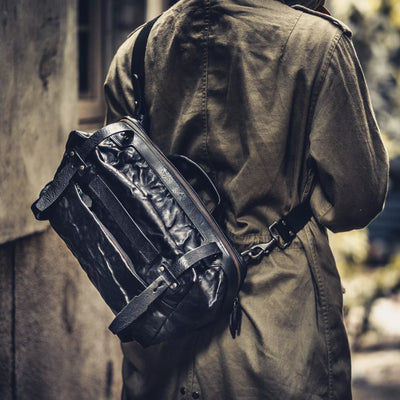 SALE ! WOTANCRAFT Full Leather Sling Bag "NIGHT RIDER" 9.5L, BLACK
