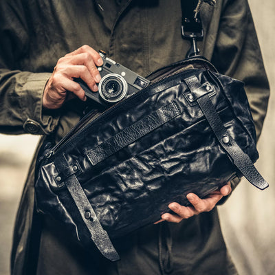 SALE ! WOTANCRAFT Full Leather Sling Bag "NIGHT RIDER" 9.5L, BLACK