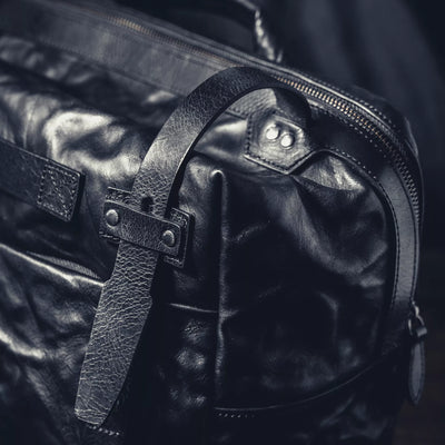 Wotancraft Lightning Rider black leather strap and rivets close-up