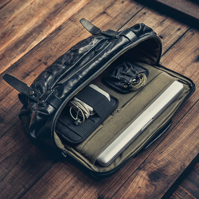 Wotancraft Lightning Rider black leather bag open with laptop sleeve and organiser