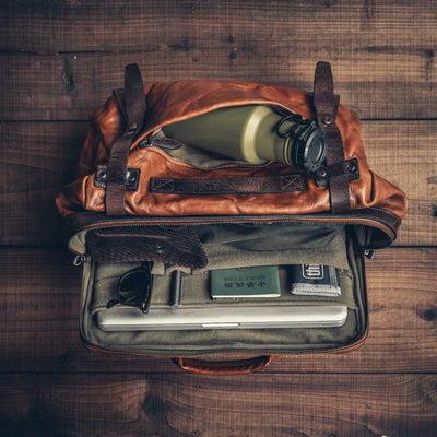 Wotancraft Lightning Rider brown leather bag with water bottle in the front pocket