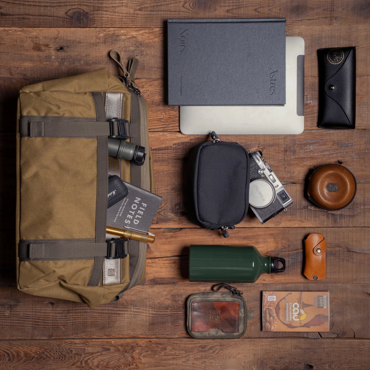 Wotancraft Easy Rider khaki bag with tablet, camera, bottle and travel accessories