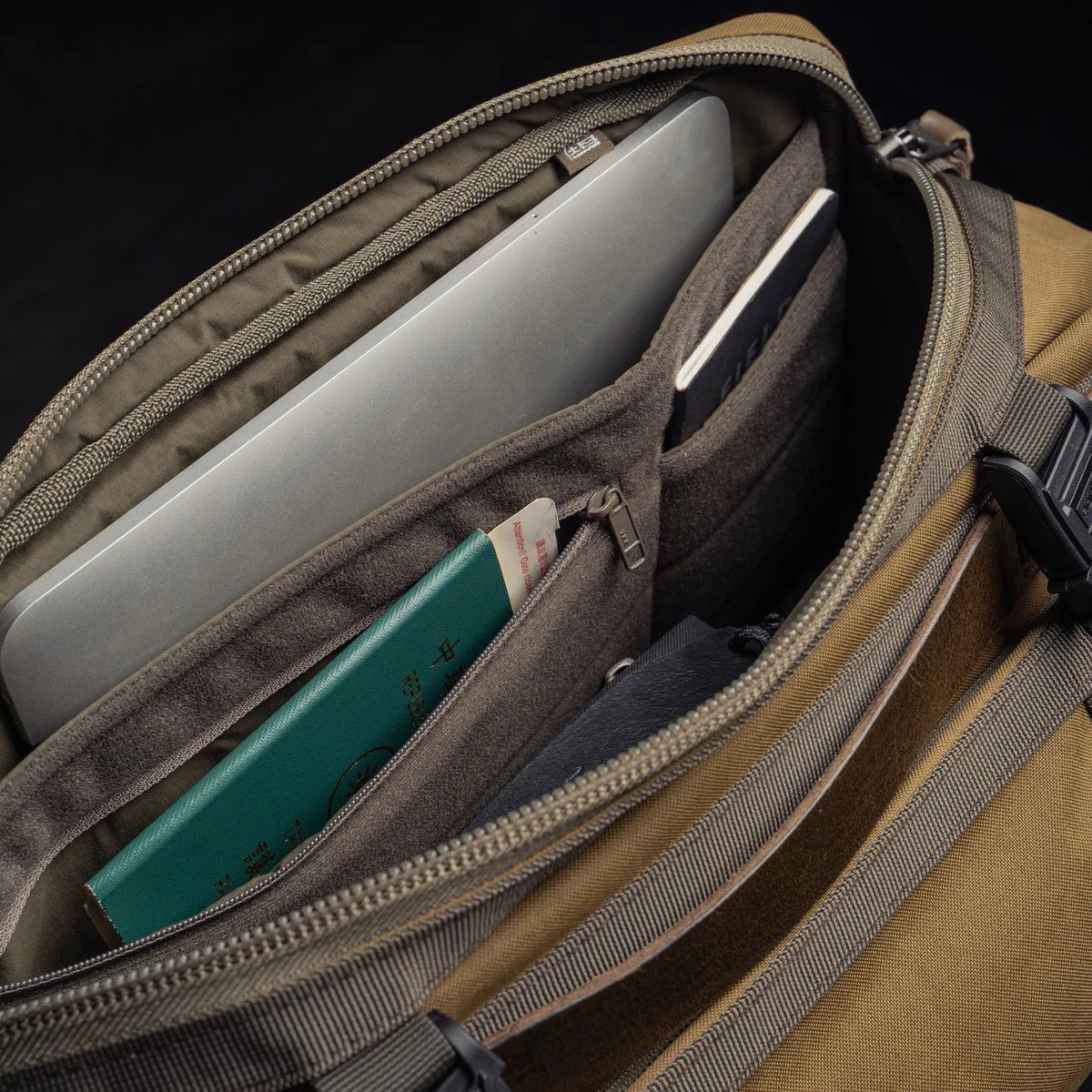 Wotancraft Easy Rider khaki bag inner pockets with laptop, notebook and passport