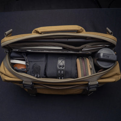 Wotancraft Lightning Rider v2 khaki bag open with laptop, camera pouches and bottle