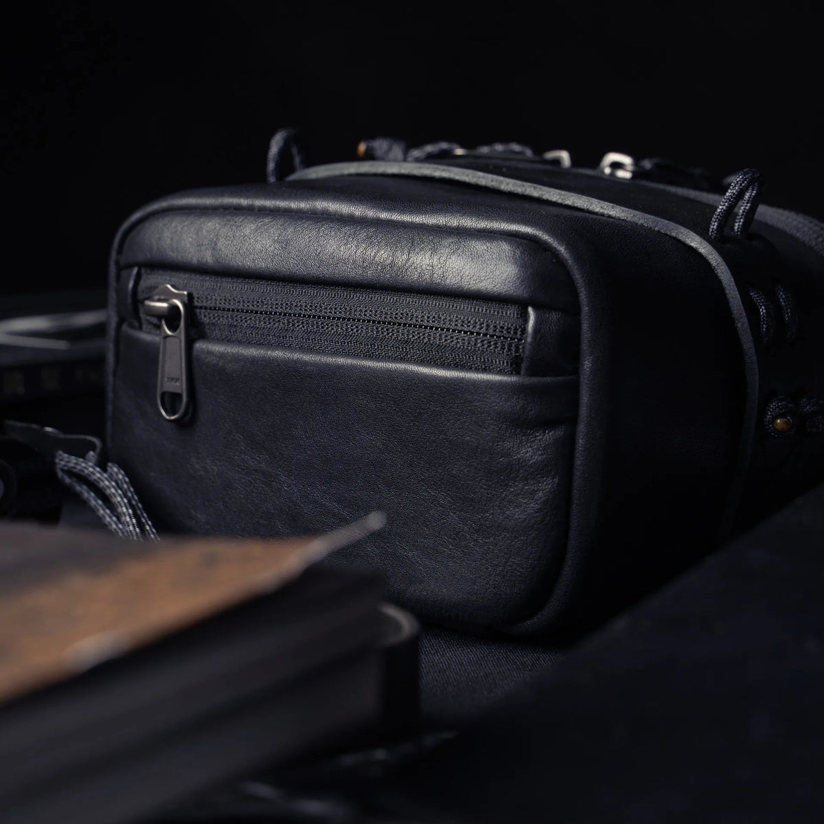 Wotancraft black leather pouch front zip pocket close-up