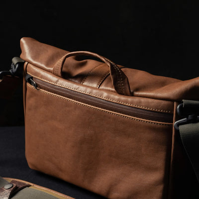 Wotancraft Pilot brown leather bag rear zip pocket and carry handle