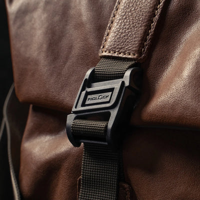 Wotancraft Pilot brown leather bag Fidlock magnetic buckle close-up