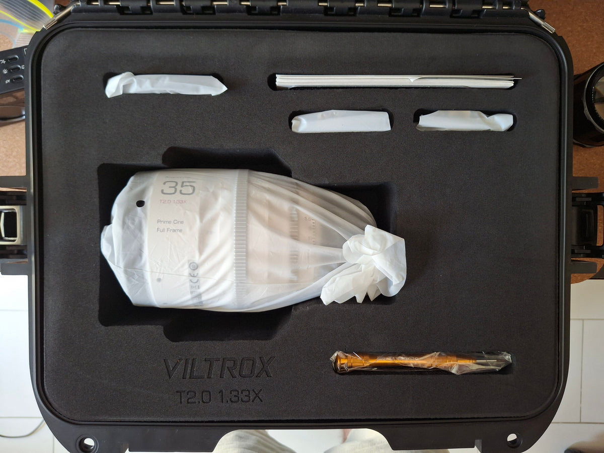 Viltrox 35mm T2.0 1.33x anamorphic lens packed in its foam-lined hard case