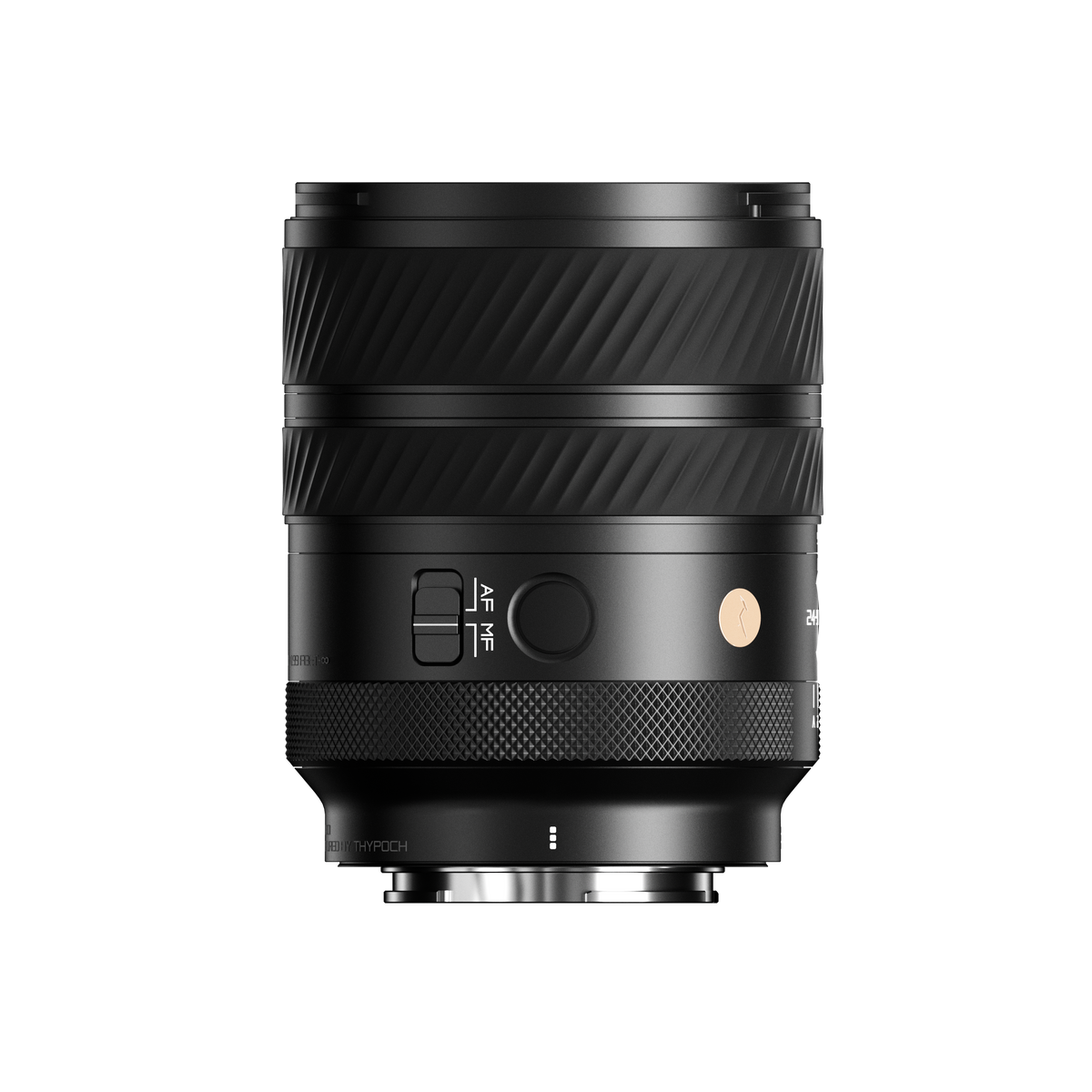 Thypoch Voyager 24-50mm f/2.8 Sony E lens side view showing AF/MF switch and focus hold button