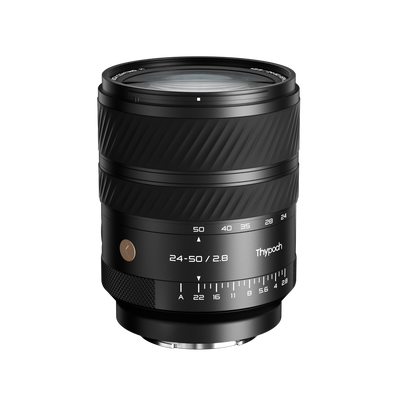 Thypoch Voyager AF 24-50mm f/2.8 Sony E-mount zoom lens, front three-quarter view