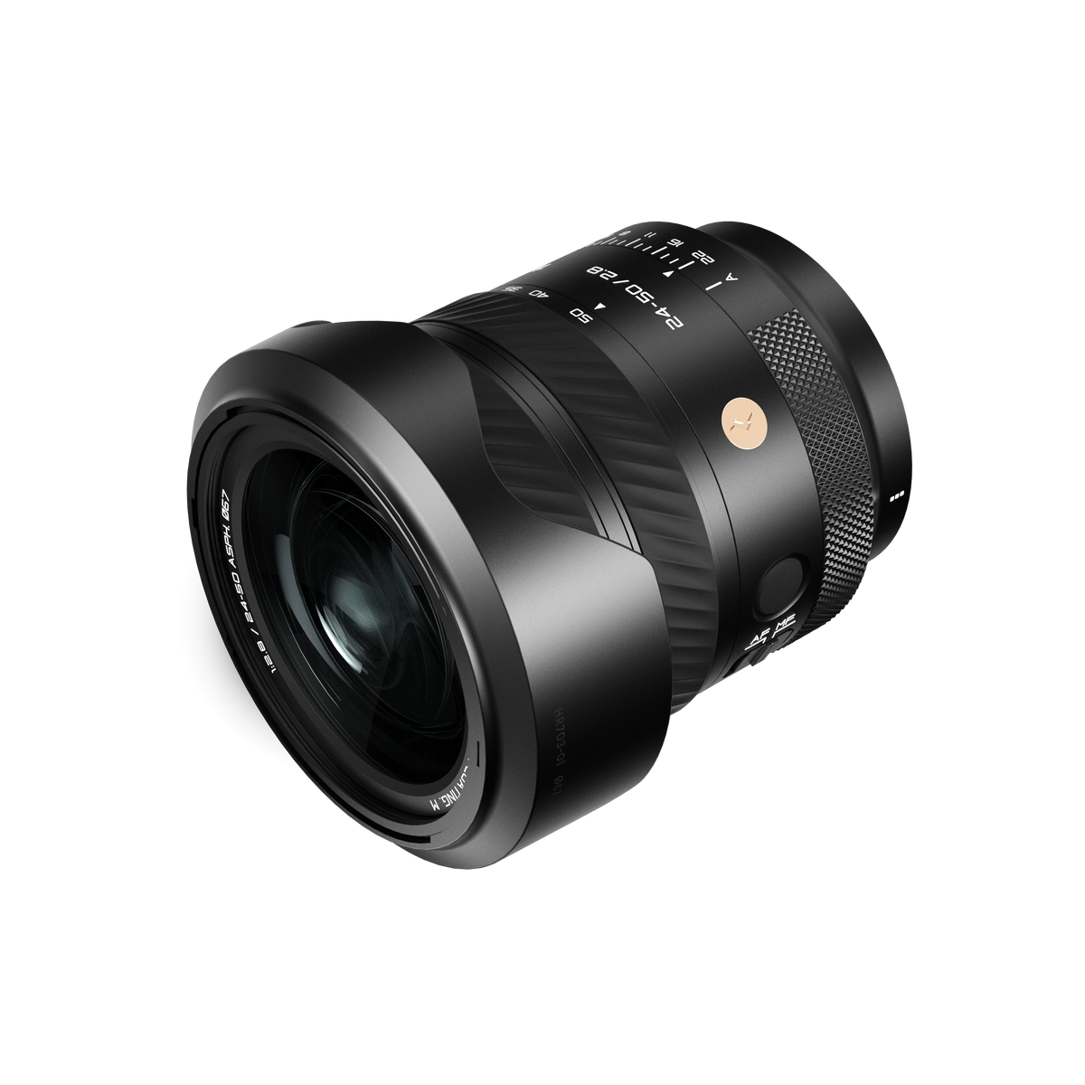 Thypoch Voyager 24-50mm f/2.8 Sony E zoom lens with round lens hood, angled front view
