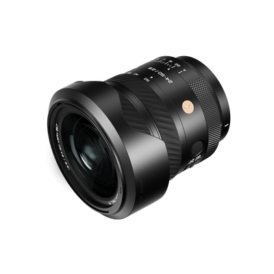 Thypoch Voyager 24-50mm f/2.8 Sony E zoom lens with round lens hood, angled front view