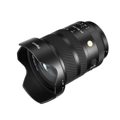 Thypoch Voyager 24-50mm f/2.8 Sony E zoom lens with petal lens hood fitted
