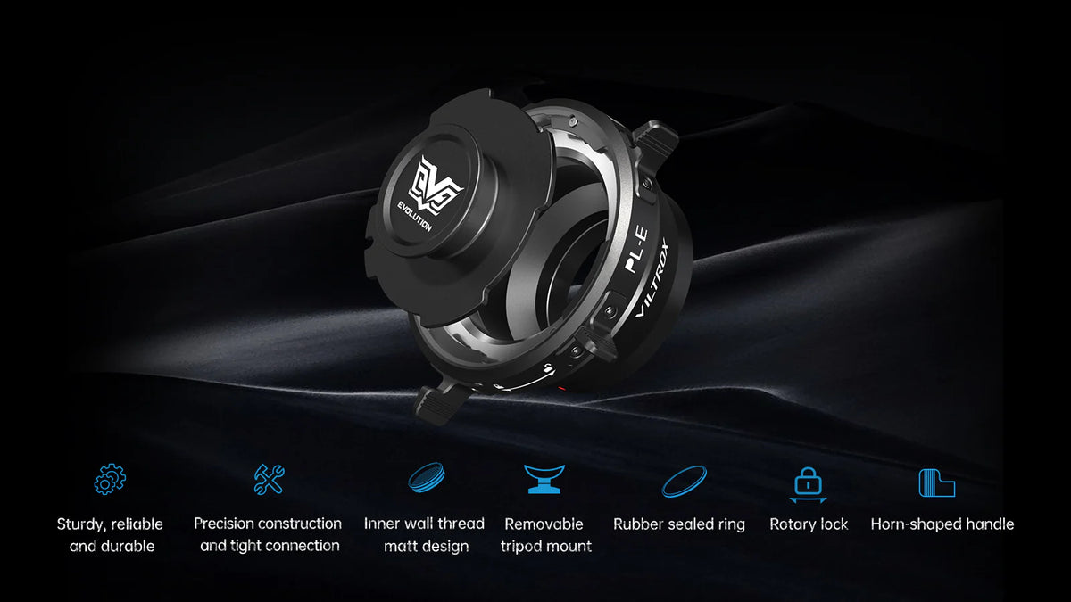 Viltrox Z-Move PL-E adapter on a dark background with list of features