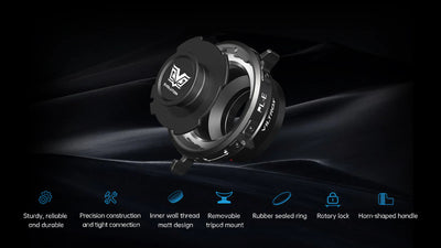 Viltrox Z-Move PL-E adapter on a dark background with list of features