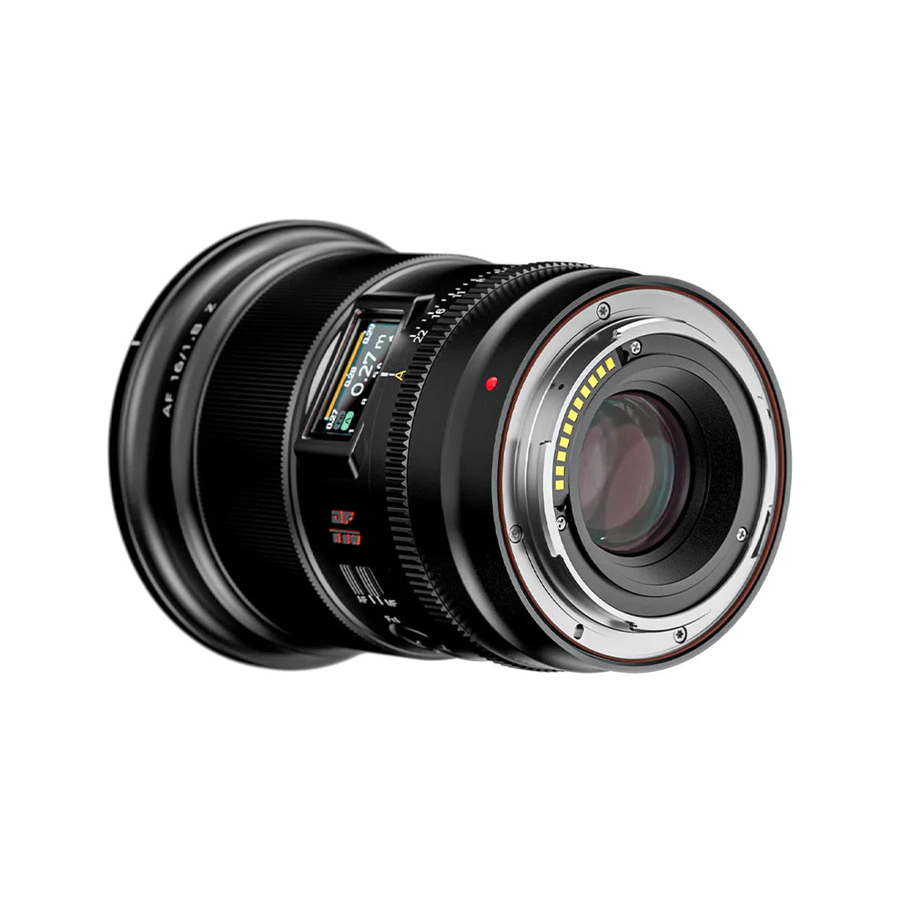 Viltrox AF 16mm f/1.8 Z lens, rear view with LCD screen and Nikon Z mount