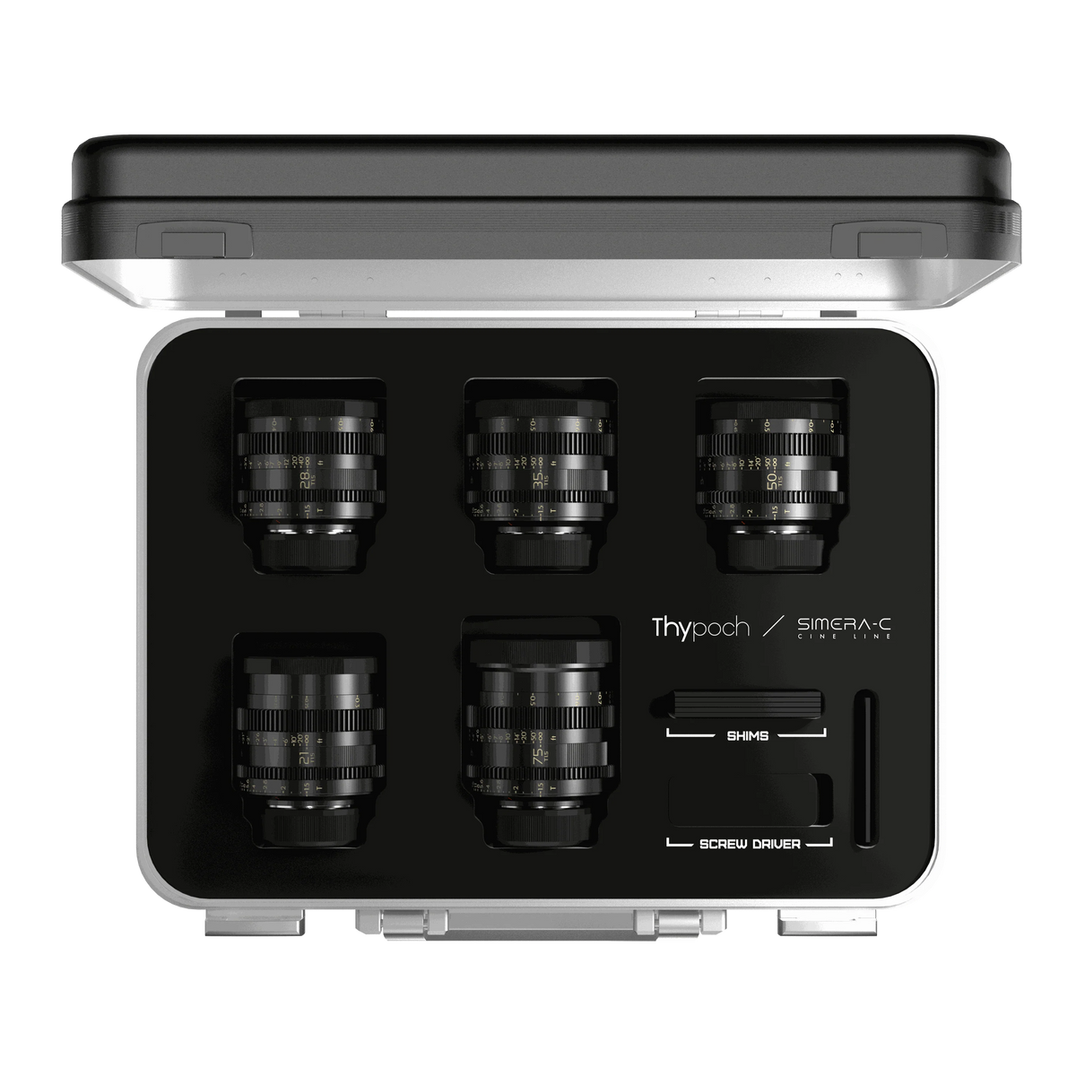 Thypoch Simera-C 5-lens set in its open aluminium case, top view