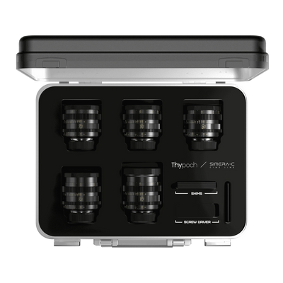 Thypoch Simera-C 5-lens set in its open aluminium case, top view