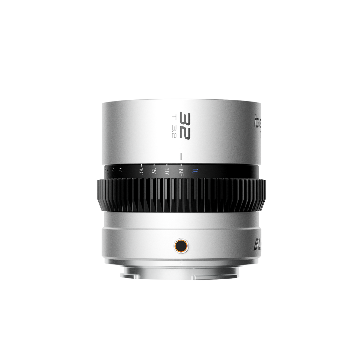 Blazar Beetle 32mm T3.2 full-frame 1.33x anamorphic lens in silver, front view