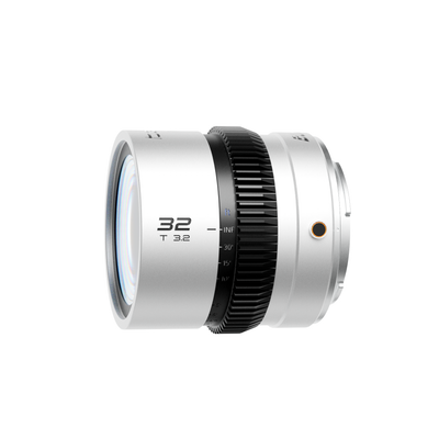 Blazar Beetle 32mm T3.2 silver anamorphic lens, angled view with front element