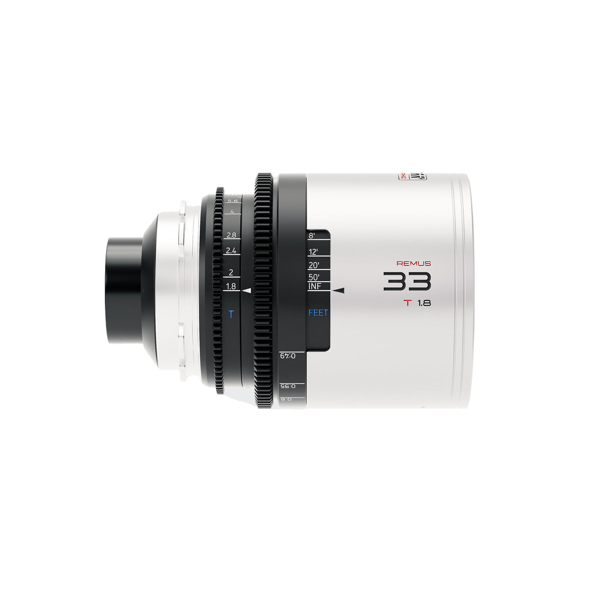 Blazar Remus 33mm T1.8 anamorphic lens, side view with focus scale in feet