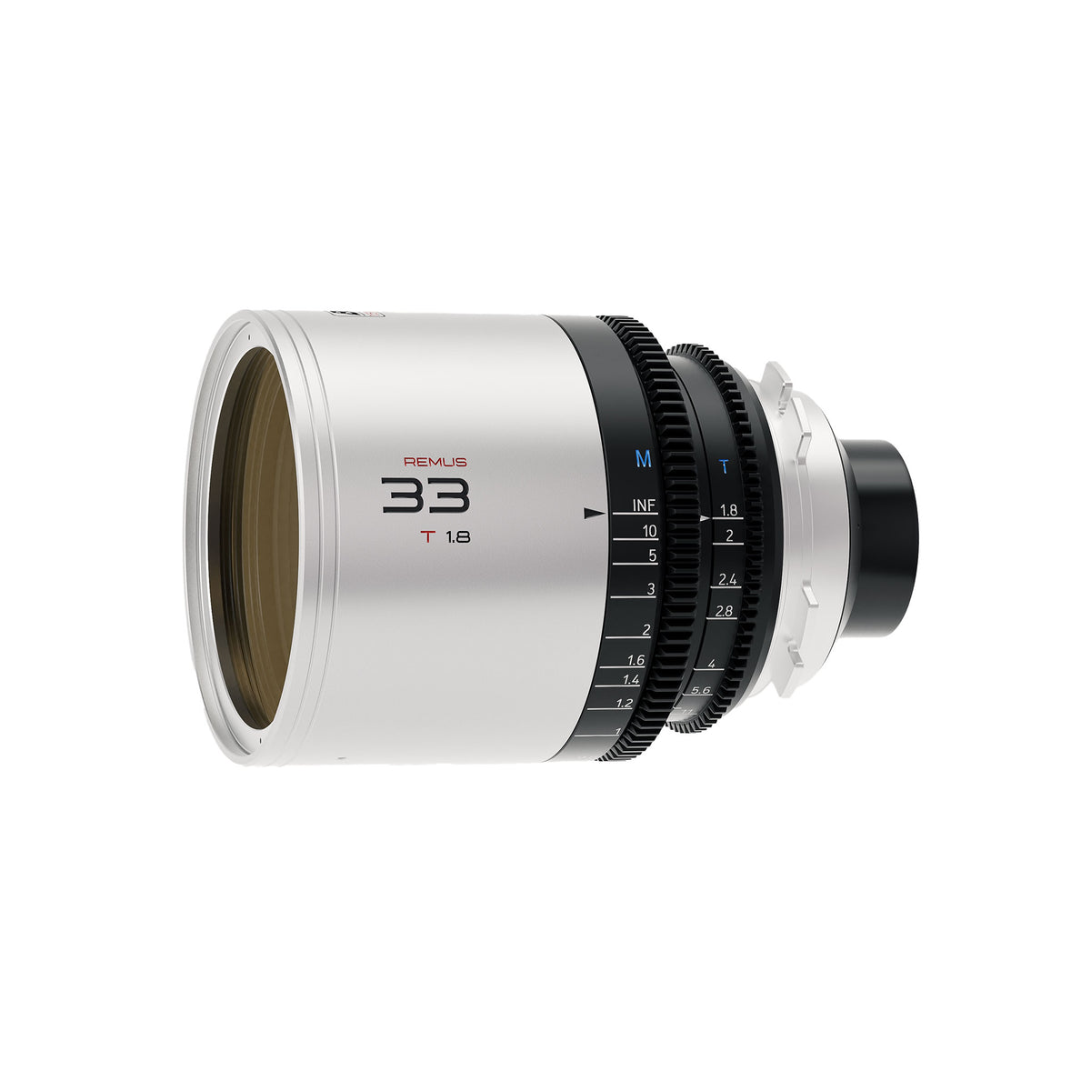 Blazar Remus 33mm T1.8 1.5x anamorphic lens, angled view of the oval front element