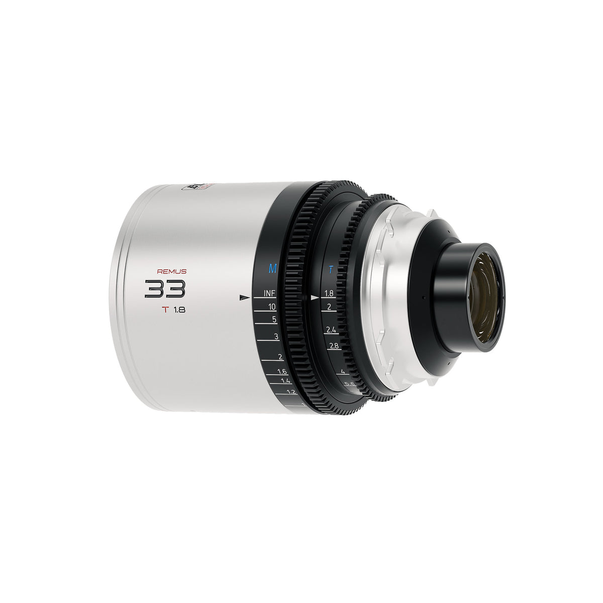 Blazar Remus 33mm T1.8 anamorphic lens, rear view with metric focus scale and mount