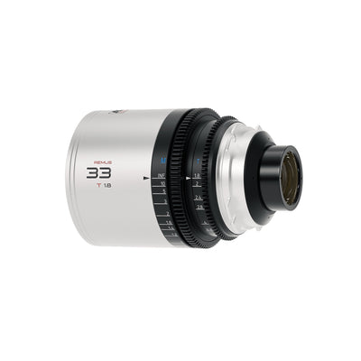 Blazar Remus 33mm T1.8 anamorphic lens, rear view with metric focus scale and mount