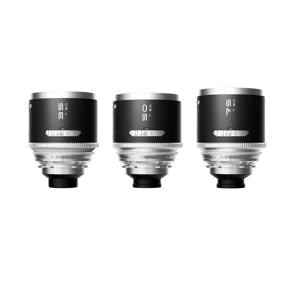 Blazar Mantis 35, 50 and 75mm T2.0 1.33x anamorphic cine lenses, side view with scales