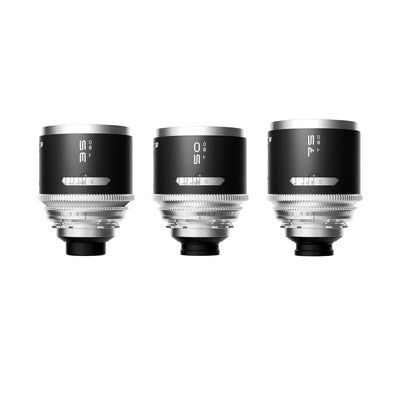 Blazar Mantis 35, 50 and 75mm T2.0 1.33x anamorphic cine lenses, side view with scales