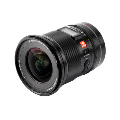 Viltrox AF 16mm f/1.8 Z Nikon lens, angled view of the front element and AF/MF switch